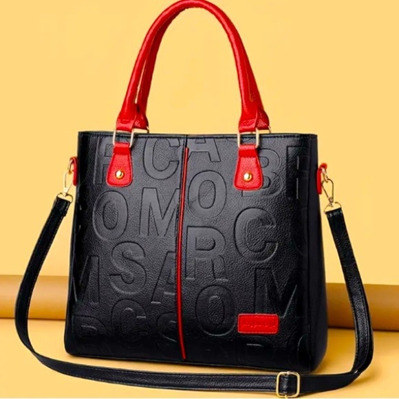 Black/Red Colorblock Geometric Embossed Lettering Crossbody Tote, NWOT - Picture 5 of 12